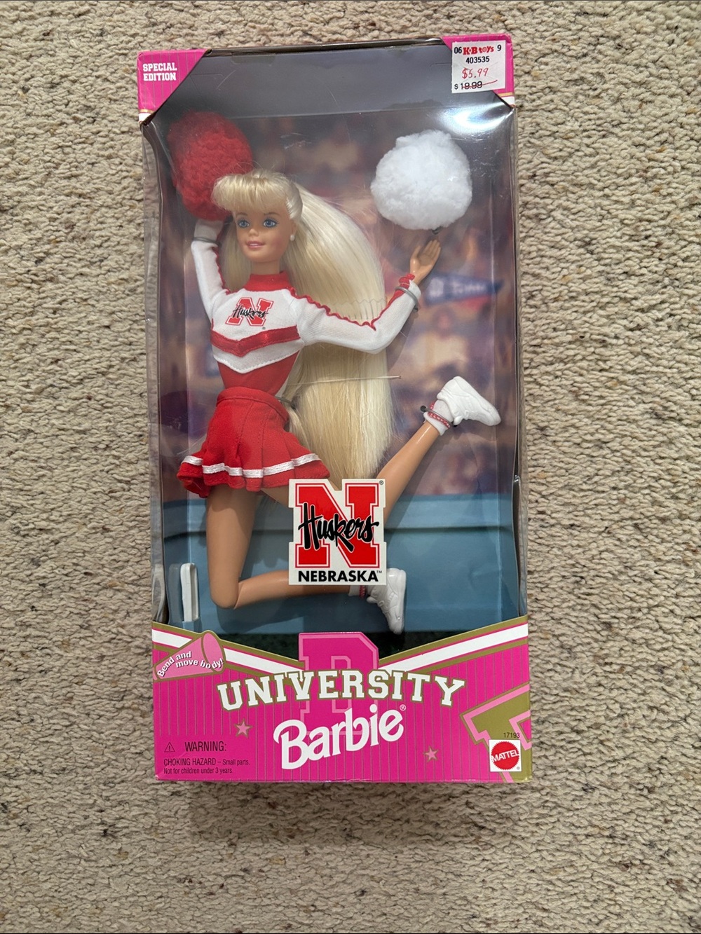 1996 Mattel University Barbie Nebraska Cheerleader Doll - Red & White